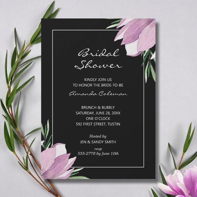 Convite Magnolia Floral Chá de panela Preto (Watercolor magnolia flowers bridal shower invitations - INSTANT DOWNLOAD and/or PRINTED or both!)