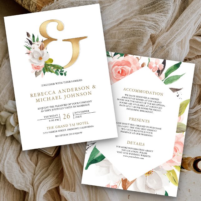 Convite Magnolia Floral Dourada Ampersand All in One Weddi (Criador carregado)