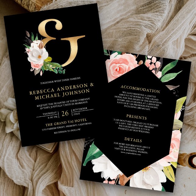 Convite Magnolia Floral Dourada Ampersand Black Weding (Criador carregado)