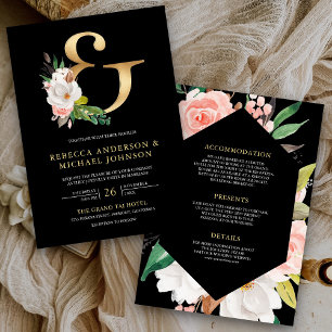 Convite Magnólia Floral Dourado E Comercial Preto Casament