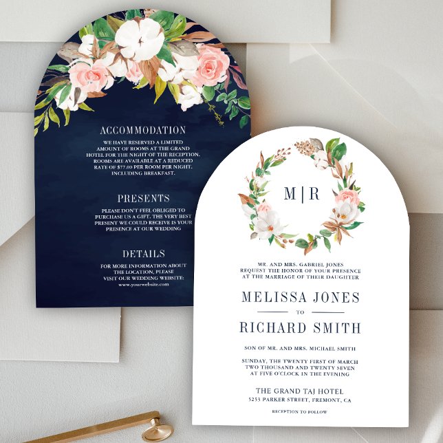 Convite Magnolia Floral Rosa Monograma Tudo em Um Casament (Criador carregado)