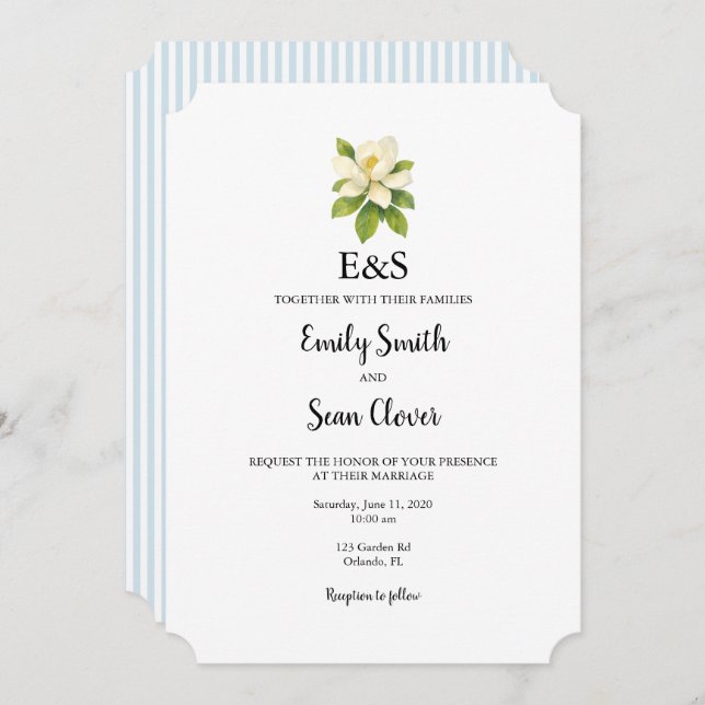 Convite Magnolia Flower Wedding Monogram Blue Stripe (Frente/Verso)