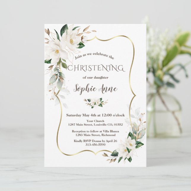 Convite Magnolia Flowers Airy Greenery Dourado Christening (Em pé/Frente)