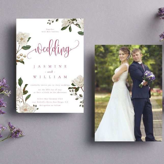 Convite Magnolia Foto Moderna | Casamento Vermelho Magenta (Criador carregado)