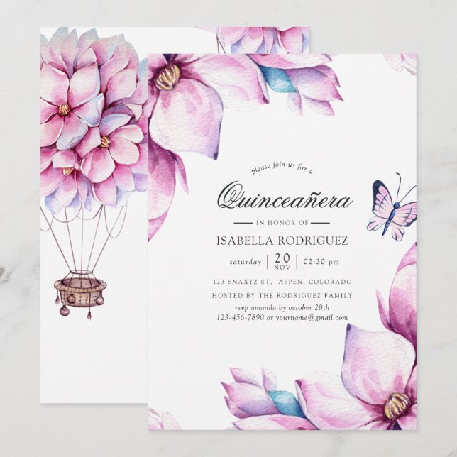Convite Magnólia Rosa Floral Quinceañera (Frente/Verso)