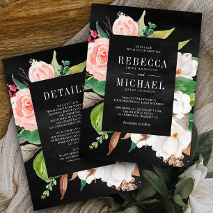 Convite Magnólia Rosa Floral Tudo em Um Casamento Preto