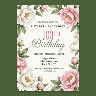 Convite Magnólia Rosa Suave e Peônia 100º Aniversário