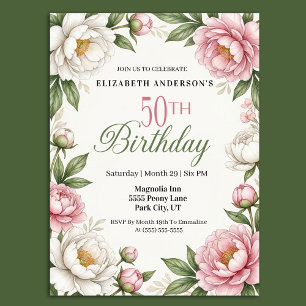 Convite Magnólia Rosa Suave e Peônia 50º Aniversário