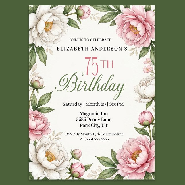 Convite Magnólia Rosa Suave e Peônia 75º Aniversário (Elegant floral 75th birthday invitation with pink peonies white magnolias and green leaves)
