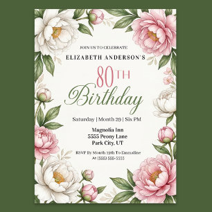 Convite Magnólia Rosa Suave e Peônia 80º Aniversário