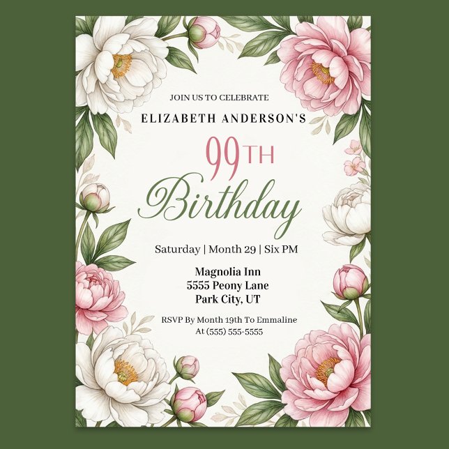 Convite Magnólia Rosa Suave e Peônia 99º Aniversário (Elegant pink peony and white magnolia floral 99th birthday invitation with botanical greenery )
