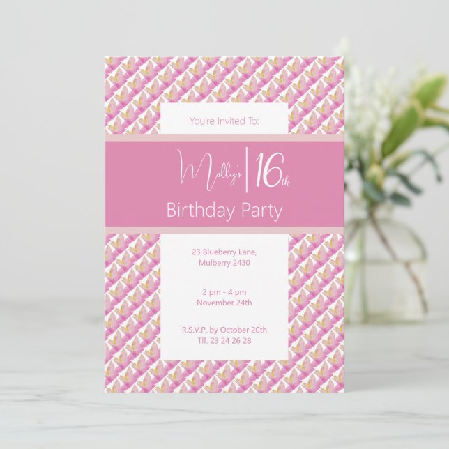 Convite Magnolia Rosa Tropical Doce 16º aniversário (Em pé/Frente)