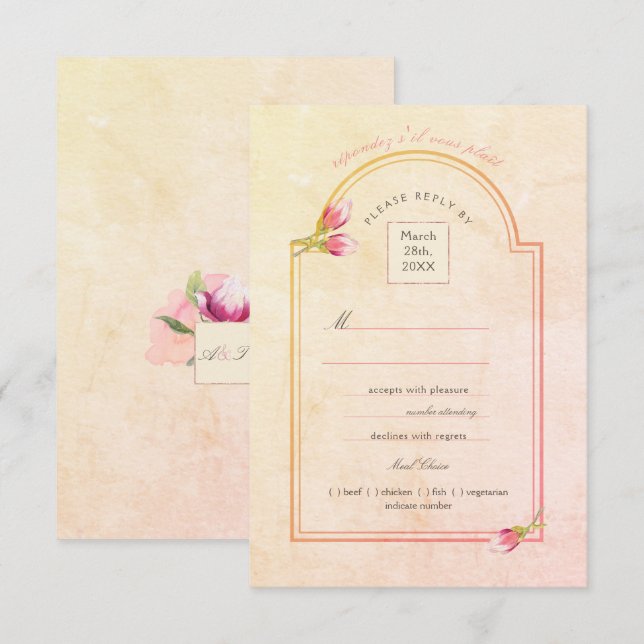 Convite Magnolia Sunset Peach Watercolor RSVP (Frente/Verso)