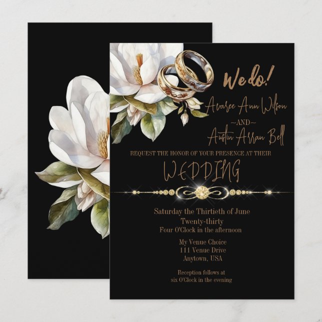 Convite Magnolia Wedings Douradas e Black Wedding (Frente/Verso)