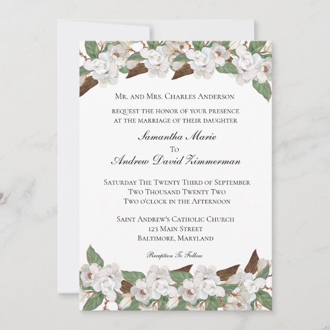 Convite Magnólias Brancas Clássicas Elegantes Casamento Fo (Frente)