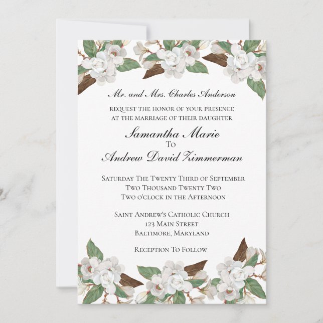 Convite Magnólias Brancas Clássico Formal Casamento Elegan (Frente)