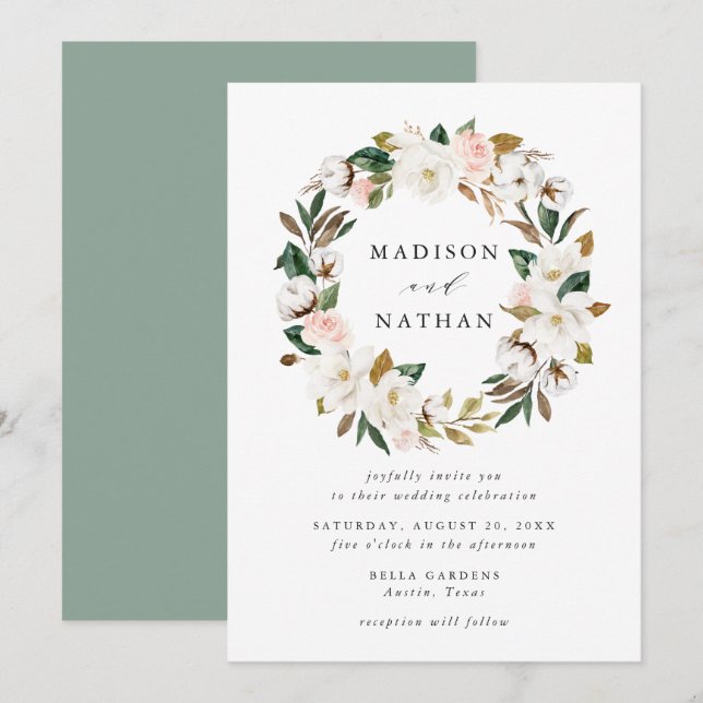Convite Magnolias de Aquarela | Floral Wreath Wedding (Frente/Verso)