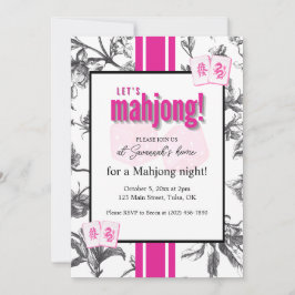 Convite Mahjong Party Invitation, black pink toile, tiles