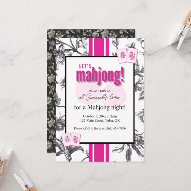 Convite Mahjong Party Invitation, black pink toile, tiles (Frente/Verso In Situ)
