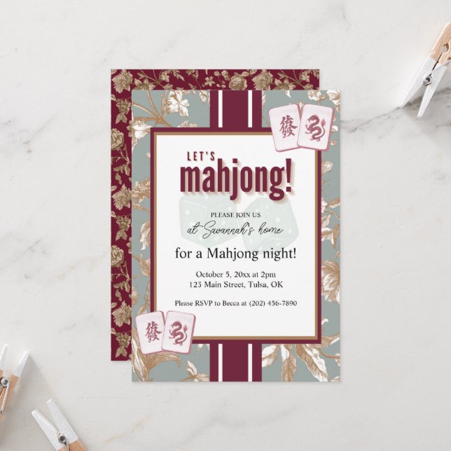 Convite Mahjong Party Invitation, burgundy toile, tiles (Frente/Verso In Situ)