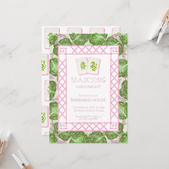 Convite Mahjong Party Invitation, Cabbage and Pink (Frente/Verso In Situ)