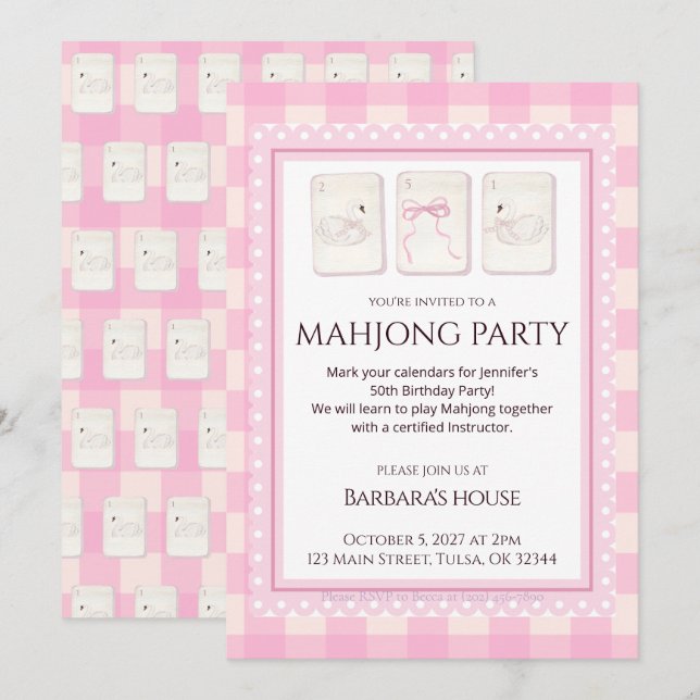 Convite Mahjong Party Invitation, grandmillennial swans (Frente/Verso)