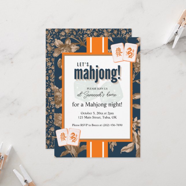 Convite Mahjong Party Invitation, navy gold toile, tiles (Frente/Verso In Situ)
