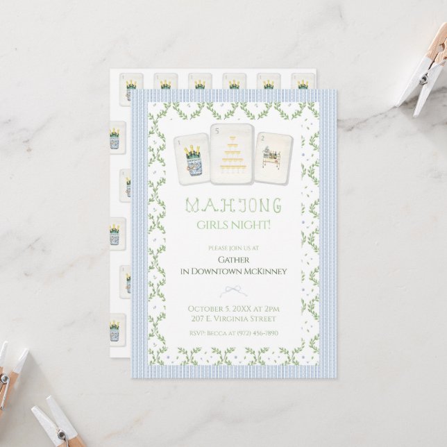 Convite Mahjong Party Invitation, Preppy Champagne  (Frente/Verso In Situ)
