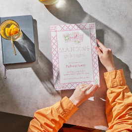 Convite Mahjong Party Invites, Bamboo lettering, pink tile