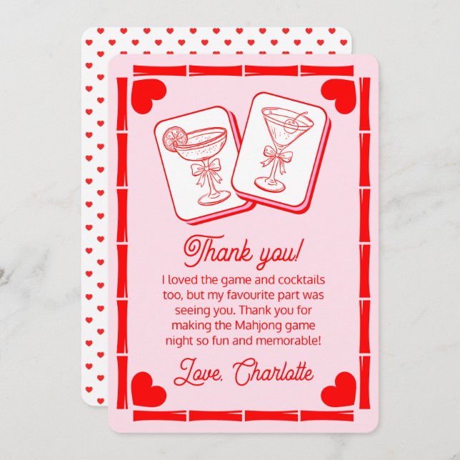 Convite Mahjong Valentine's Cocktail Thank You Card (Frente/Verso)