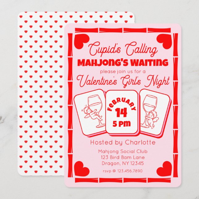 Convite Mahjong Valentine's Party Cupid Invitation (Frente/Verso)