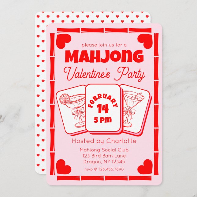 Convite Mahjong Valentine's Pink Party Invitation (Frente/Verso)