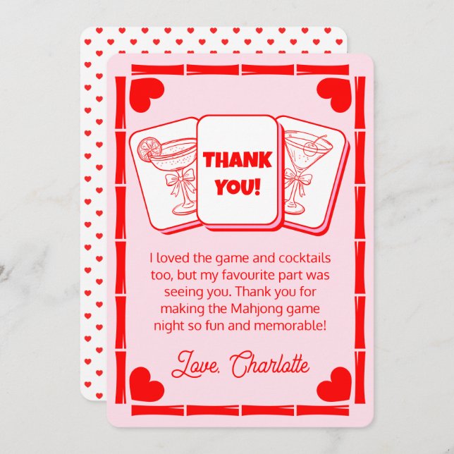 Convite Mahjong Valentine's Pink Thank You Card (Frente/Verso)