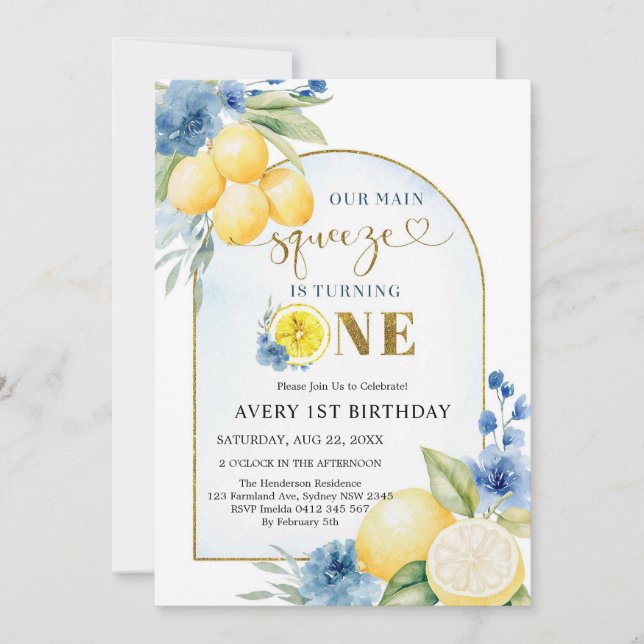 Convite Main Squeeze Citrus Lemon Birthday Invitation (Frente)