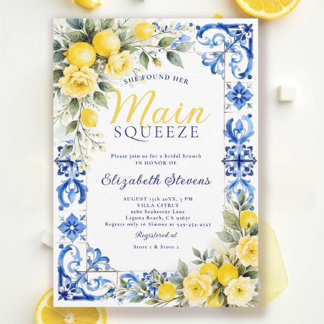 Convite Main Squeeze Lemon Blue Tile Floral Bridal Shower  (main squeeze bridal shower lemon italian theme mediterranean blue tile invitation summer brunch)