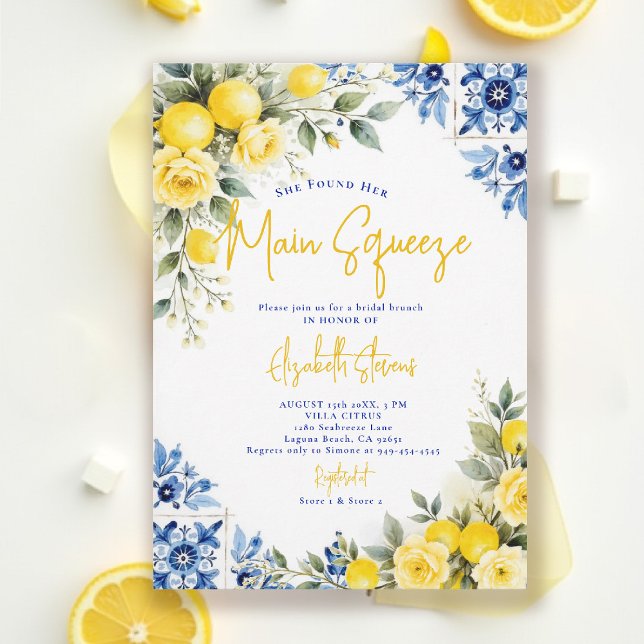 Convite Main Squeeze Limão Azulejos Rosas Chá de Noiva  (main squeeze bridal shower lemon italian theme mediterranean blue tile invitation summer)