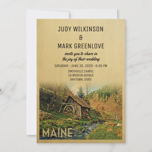 Convite Maine Wedding Invitation Rustic Cabin Mill (Frente)