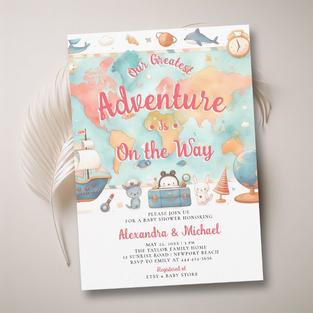 Convite Maior Casal de Mapa de Aventura Chá de fraldas de  (adventure girl baby shower invitation cute world map watercolor cute adorable boat animals luggage)