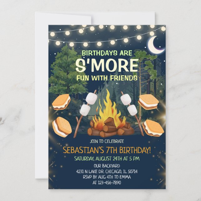 Convite Mais Diversão S'mores Festa de Aniversário ao redo (Frente)