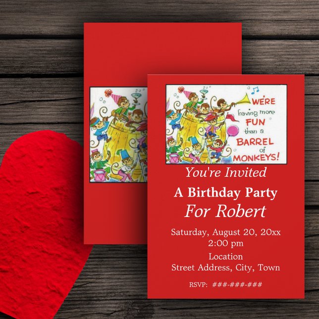 Convite Mais divertido que o barril de macacos (More fun than barrel of monkeys on birthday party red invitations.)
