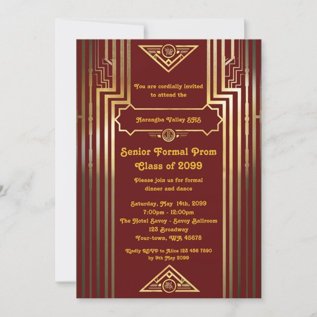 Convite mais velho Baile de formatura júnior, estilo Gatsb (Frente)