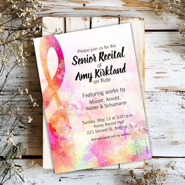 Convite Mais velho Considerando Limpeza do Trecho de Aquar (Pink watercolor abstract treble clef themed music recital invitation - customizable.)
