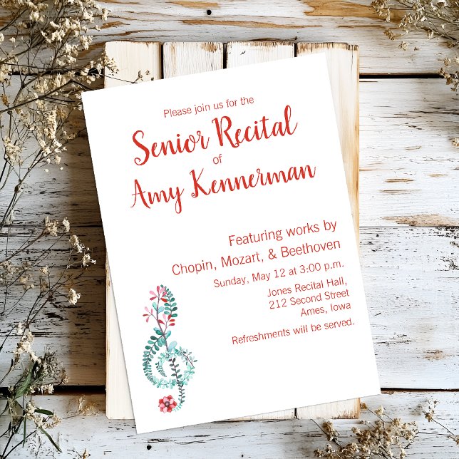 Convite Mais velho Music Considerando (Custom senior recital invitation with a watercolor floral treble clef.)