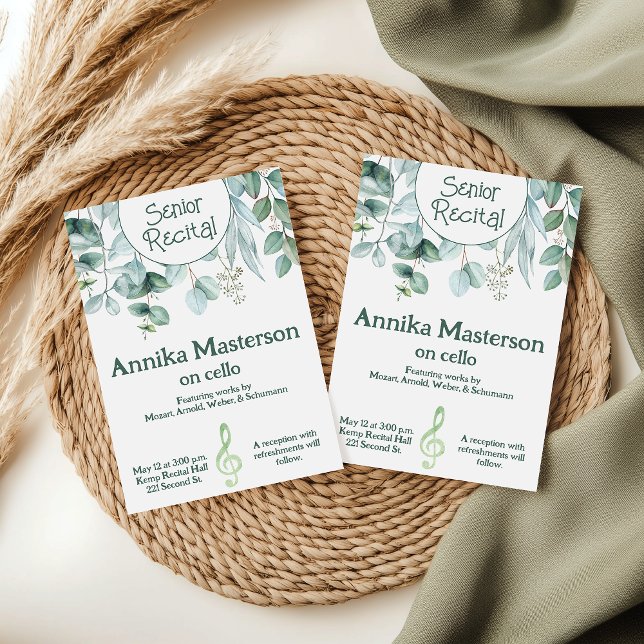 Convite Mais velho Personalizado Música Considerando Deixa (Greenery themed custom senior music recital invitation template.)