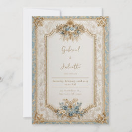 Convite Majestoso Brocado Dourado Vitoriano Casamento Azul