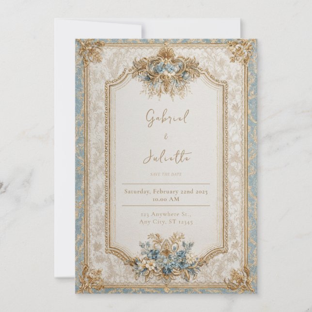 Convite Majestoso Brocado Dourado Vitoriano Casamento Azul (Frente)