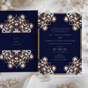 Convite Majestoso Casamento Floral Azul e Dourado à Meia-N