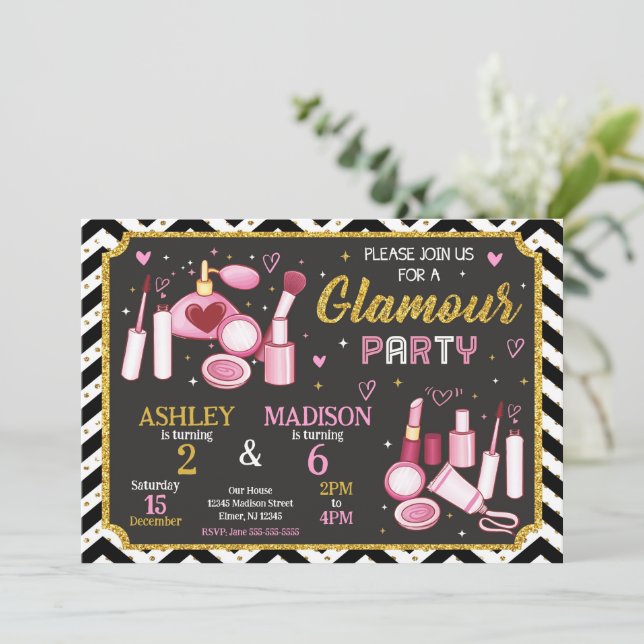 Convite Makeup Birthday Invitation | Glamour Spa Party  (Em pé/Frente)