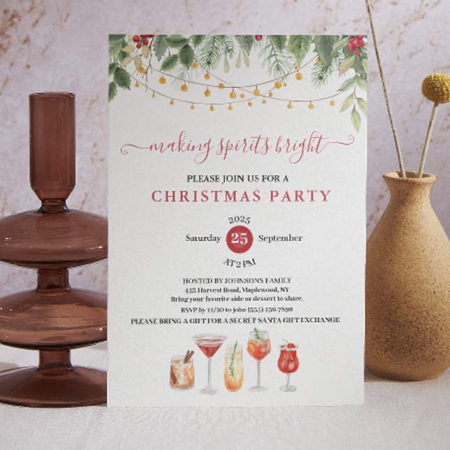 Convite Making Spirits Bright Christmas Cocktail Party (Making Spirits Bright Christmas Cocktail Party Invitation botanic rustic holiday country farm style )