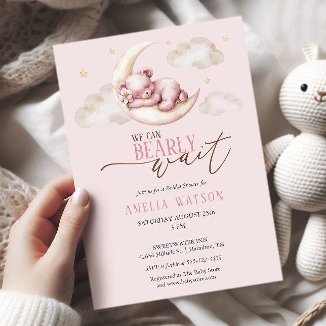 Convite Mal Pode Esperar Urso Teddy Rosa Churrasco de Bebê (Can Bearly Wait Pink Teddy Bear Baby Girl Shower Invitation)